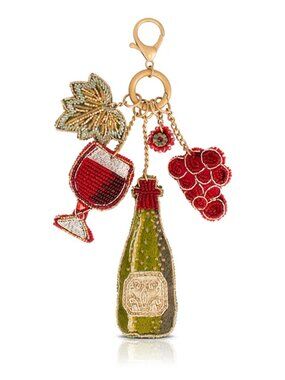Mary Frances Tasting Room Beaded Red Grapes Wine Bottle Bag Charm Key Ring NEW